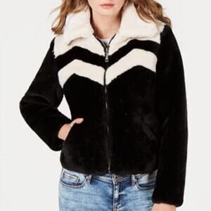 Guess Faux Fur Cropped Jacket Chevron Full Zip Black Cream Small